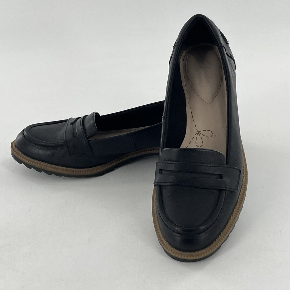 Clarks Somerset Leather Penny Loafer Womens 8.5 M Griffin Milly Black Lug‎ Sole